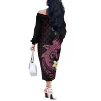 Aloha Hammerhead Shark Off The Shoulder Long Sleeve Dress Vivacious Pink Hawaiian Kakau Tribal Tattoo LT9 - Polynesian Pride