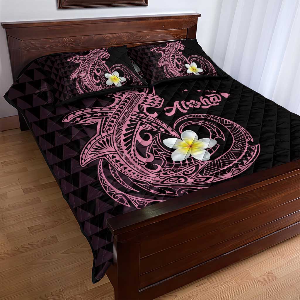 Aloha Hammerhead Shark Quilt Bed Set Vivacious Pink Hawaiian Kakau Tribal Tattoo