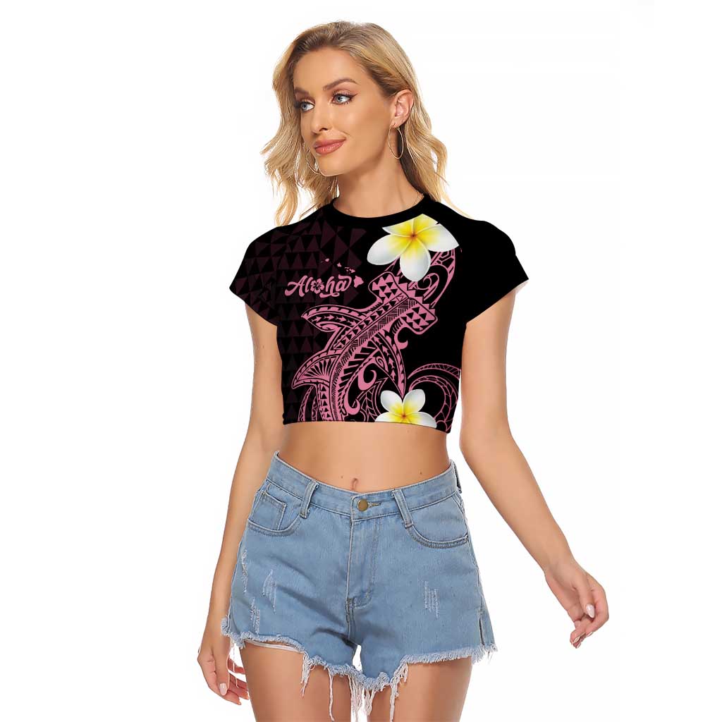 Aloha Hammerhead Shark Raglan Cropped T Shirt Vivacious Pink Hawaiian Kakau Tribal Tattoo