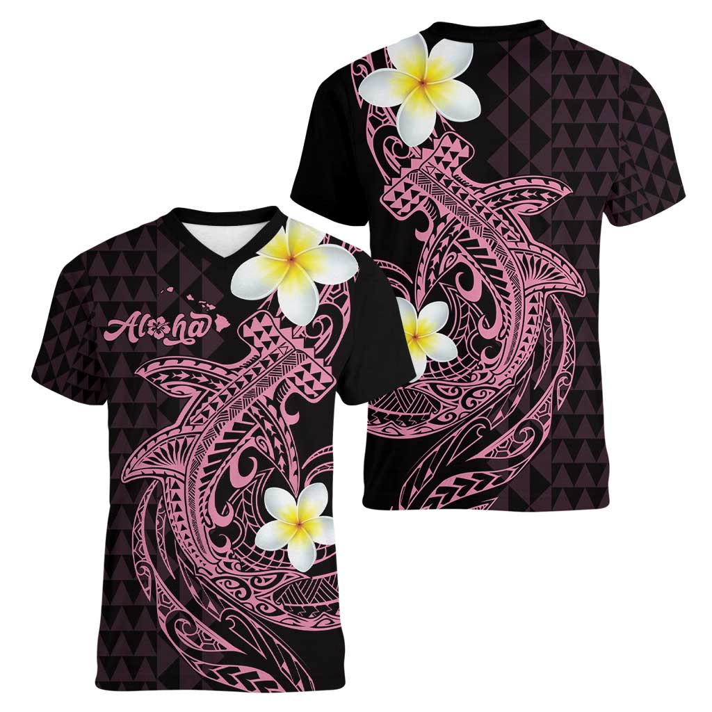Aloha Hammerhead Shark Women V-Neck T-Shirt Vivacious Pink Hawaiian Kakau Tribal Tattoo LT9 - Polynesian Pride