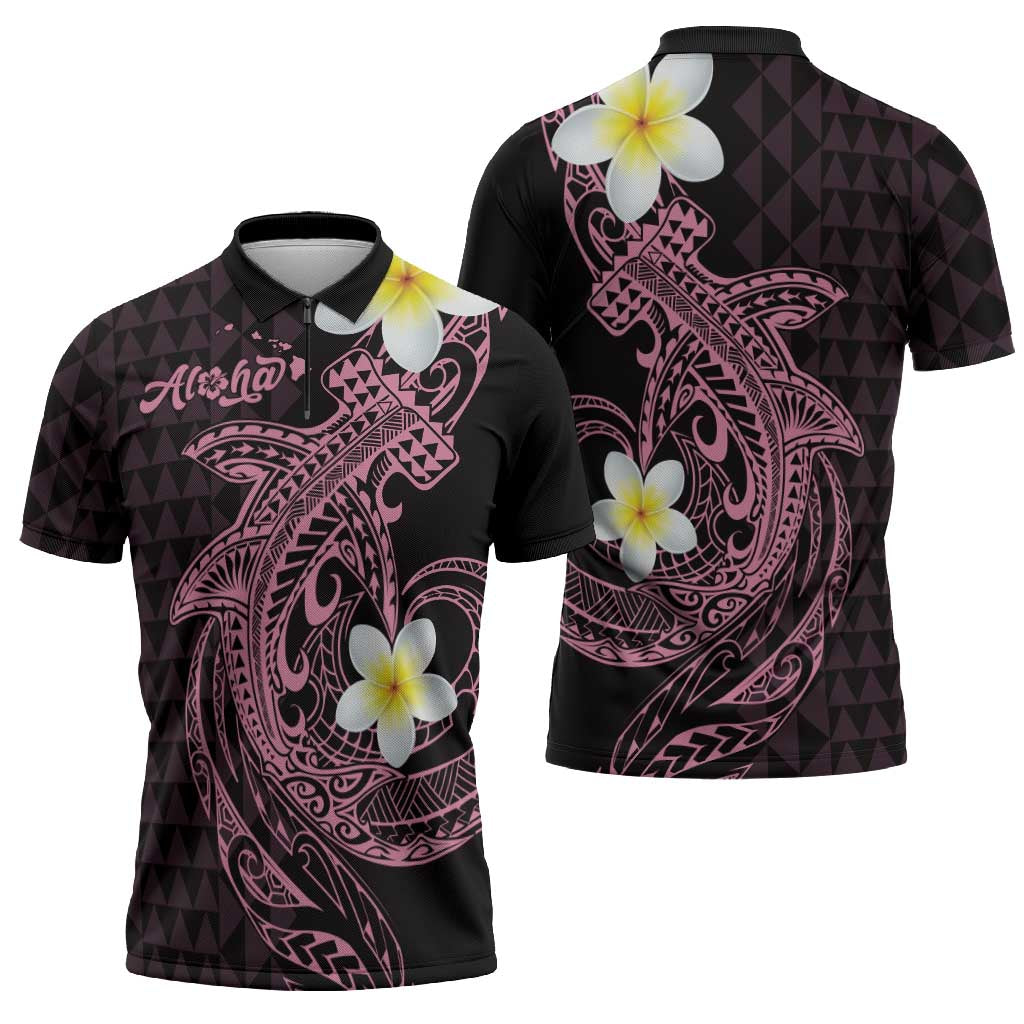 Aloha Hammerhead Shark Zipper Polo Shirt Vivacious Pink Hawaiian Kakau Tribal Tattoo LT9 - Polynesian Pride