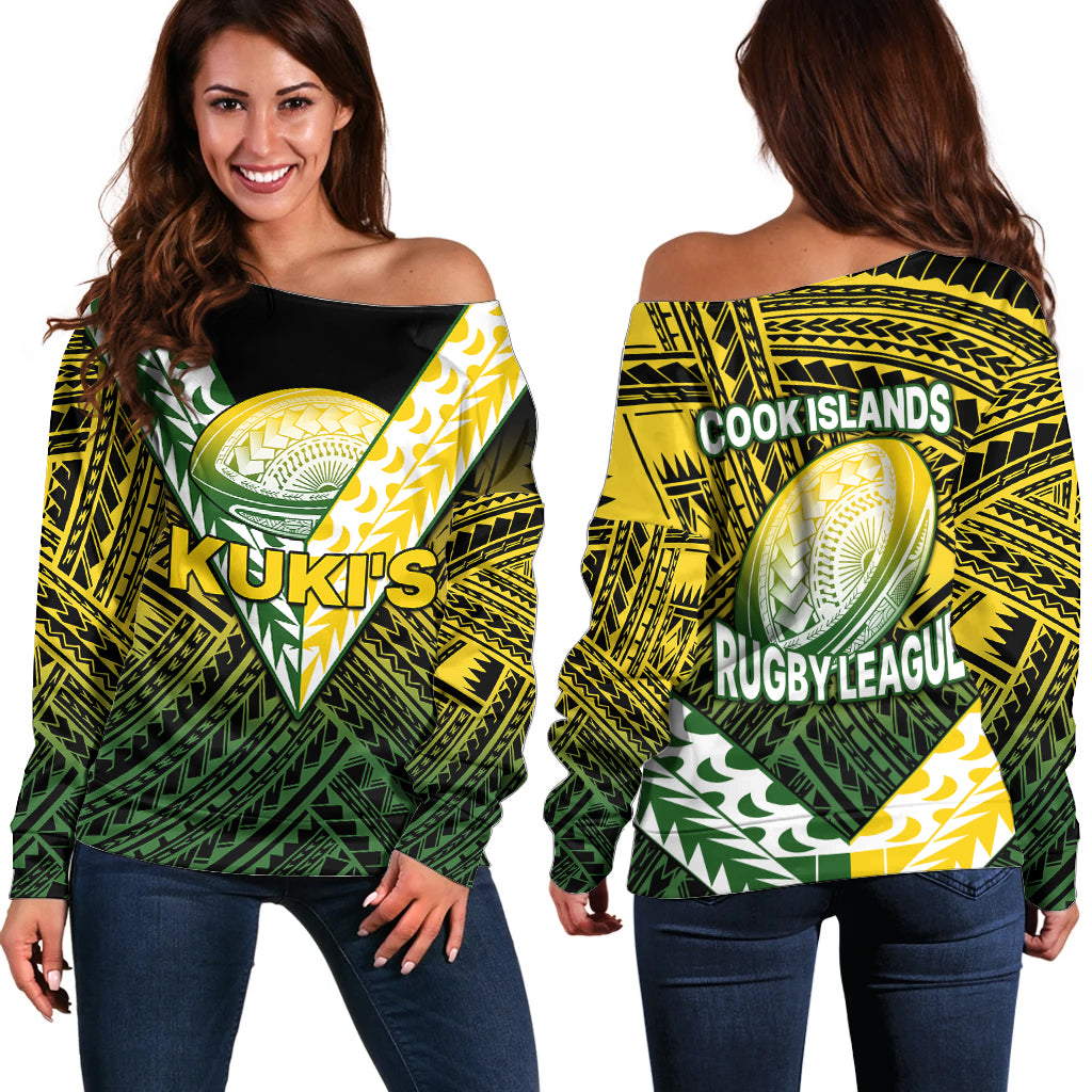 The Kuki's Cook Islands Rugby Off Shoulder Sweater Be Unique Vibe Black LT9 Women Black - Polynesian Pride