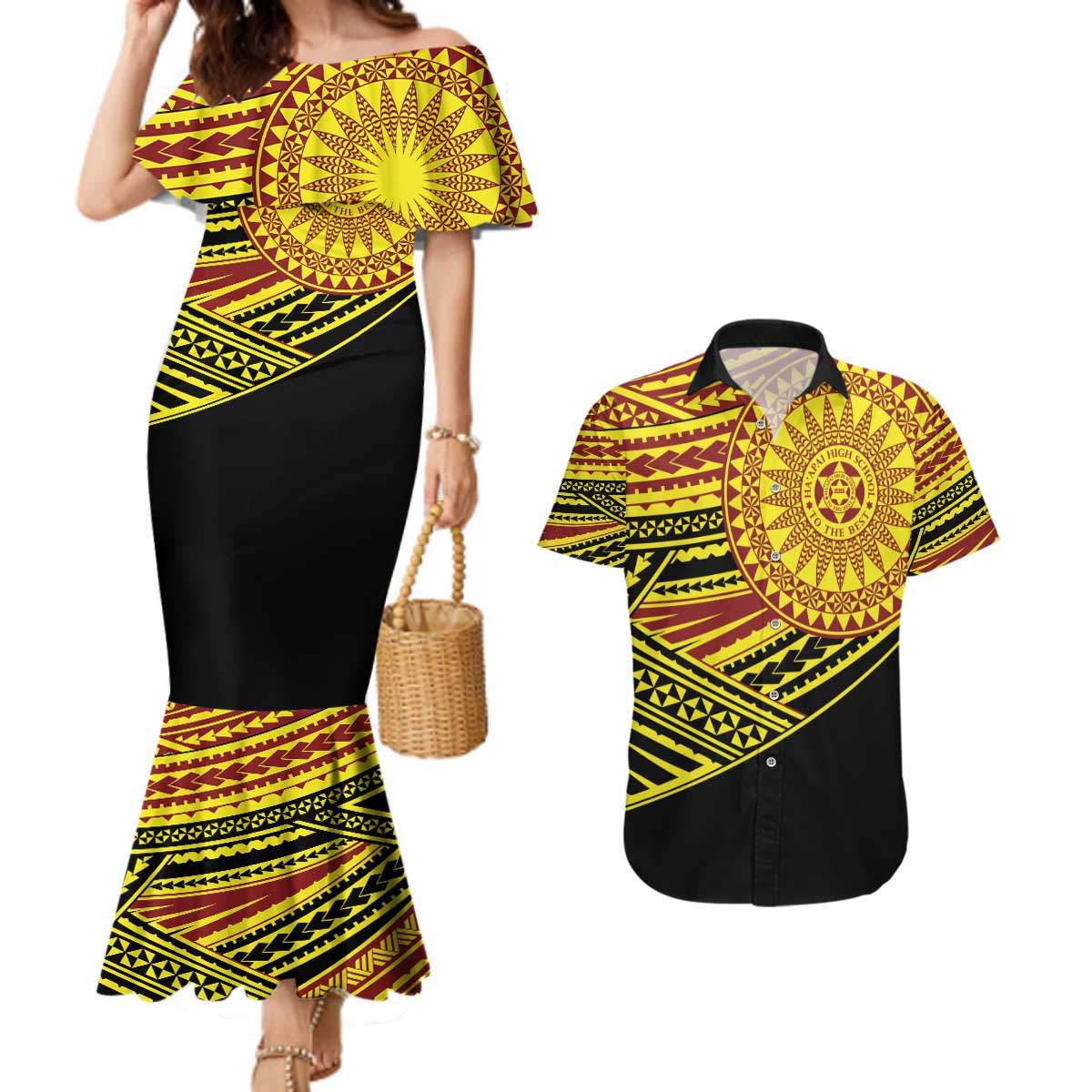 Personalised Tonga Ha apai High School Couples Matching Mermaid Dress and Hawaiian Shirt Ngatu Fonulei Pattern