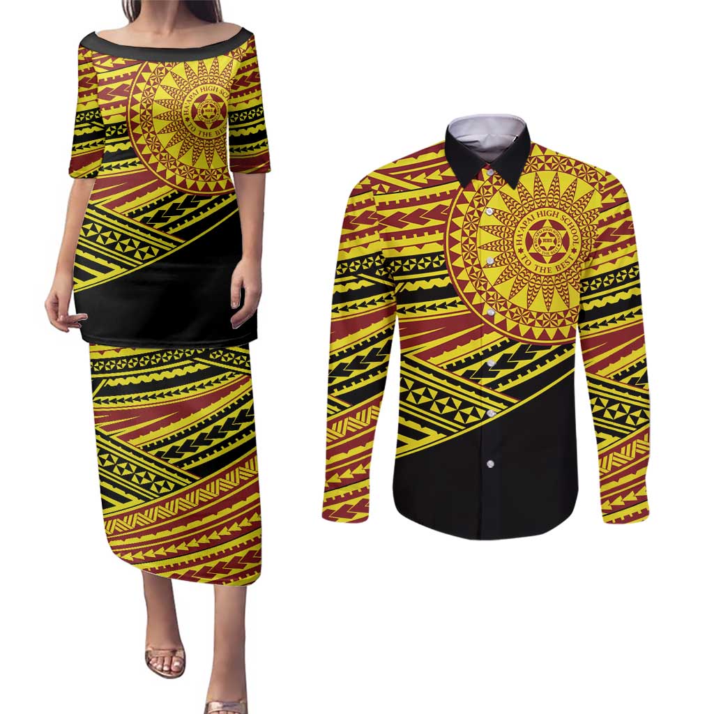 Personalised Tonga Ha apai High School Couples Matching Puletasi and Long Sleeve Button Shirt Ngatu Fonulei Pattern LT9 Gold - Polynesian Pride