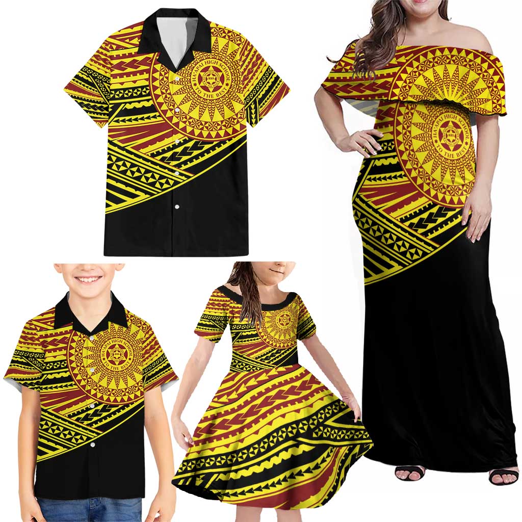 Personalised Tonga Ha apai High School Family Matching Off Shoulder Maxi Dress and Hawaiian Shirt Ngatu Fonulei Pattern LT9 - Polynesian Pride