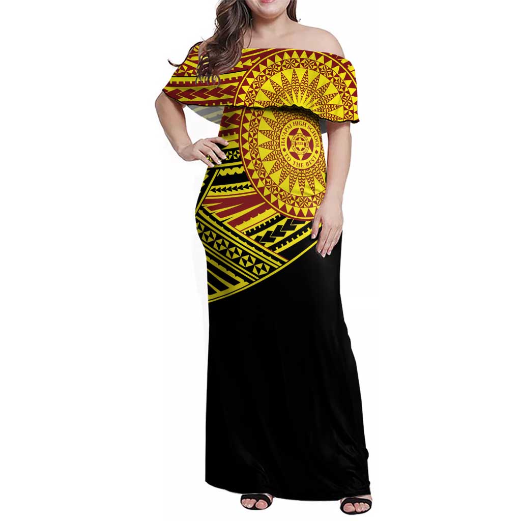 Personalised Tonga Ha apai High School Family Matching Off Shoulder Maxi Dress and Hawaiian Shirt Ngatu Fonulei Pattern LT9 Mom's Dress Gold - Polynesian Pride