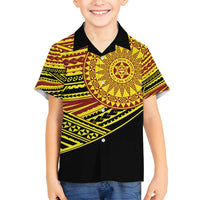 Personalised Tonga Ha apai High School Family Matching Off Shoulder Maxi Dress and Hawaiian Shirt Ngatu Fonulei Pattern LT9 Son's Shirt Gold - Polynesian Pride
