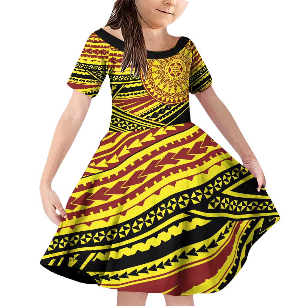 Personalised Tonga Ha apai High School Family Matching Off Shoulder Short Dress and Hawaiian Shirt Ngatu Fonulei Pattern LT9 Daughter's Dress Gold - Polynesian Pride