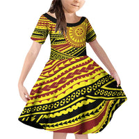 Personalised Tonga Ha apai High School Family Matching Off Shoulder Short Dress and Hawaiian Shirt Ngatu Fonulei Pattern LT9 Daughter's Dress Gold - Polynesian Pride