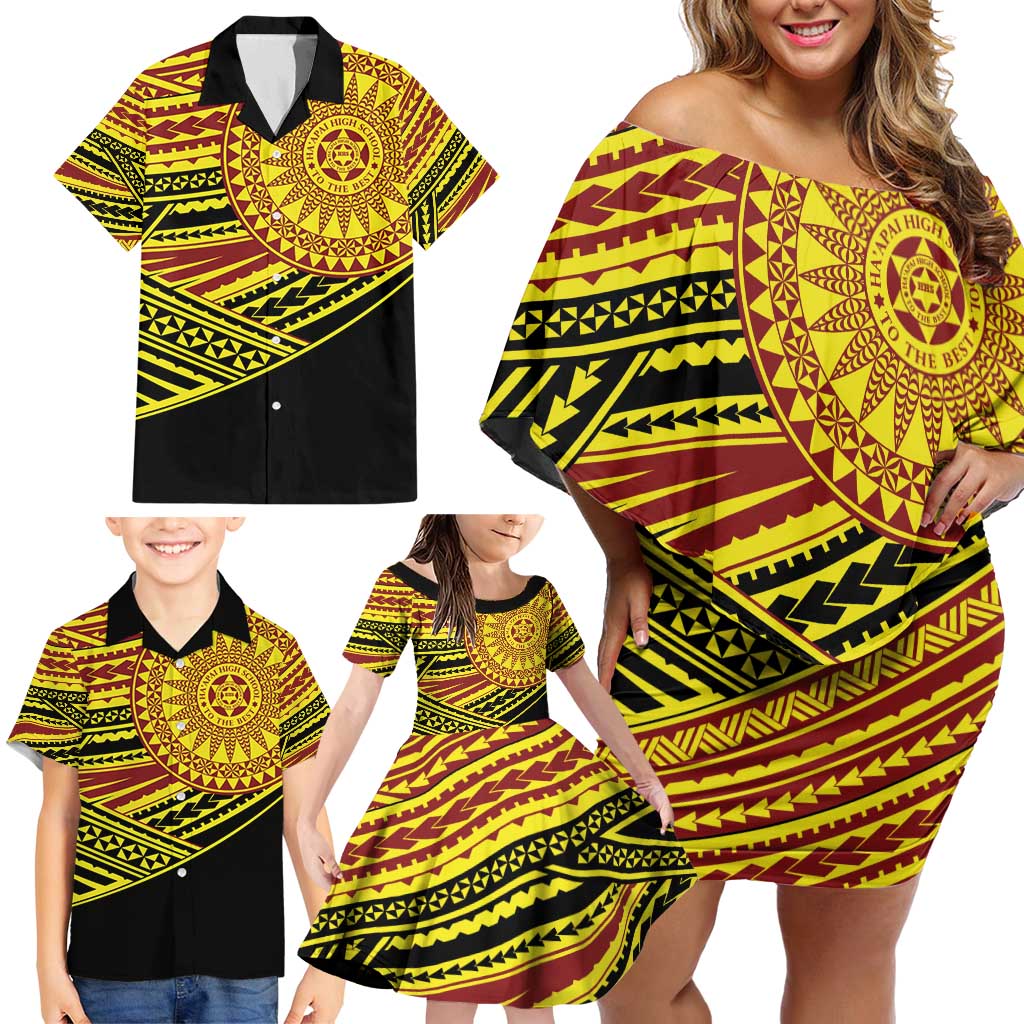 Personalised Tonga Ha apai High School Family Matching Off Shoulder Short Dress and Hawaiian Shirt Ngatu Fonulei Pattern LT9 - Polynesian Pride