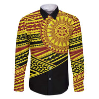 Personalised Tonga Ha apai High School Family Matching Off Shoulder Short Dress and Hawaiian Shirt Ngatu Fonulei Pattern LT9 Dad's Shirt - Long Sleeve Gold - Polynesian Pride