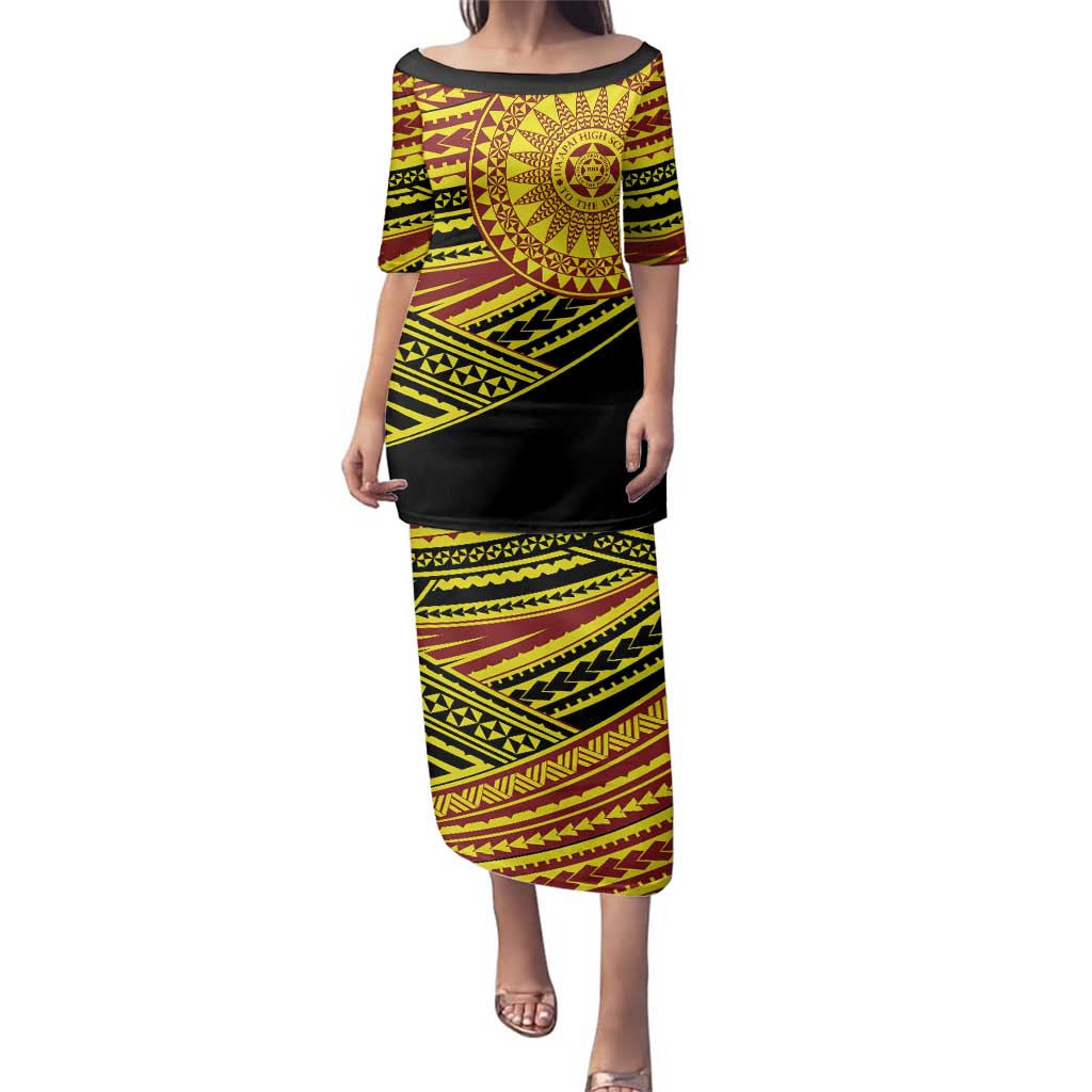 Personalised Tonga Ha apai High School Family Matching Puletasi and Hawaiian Shirt Ngatu Fonulei Pattern LT9 Mom's Dress Gold - Polynesian Pride