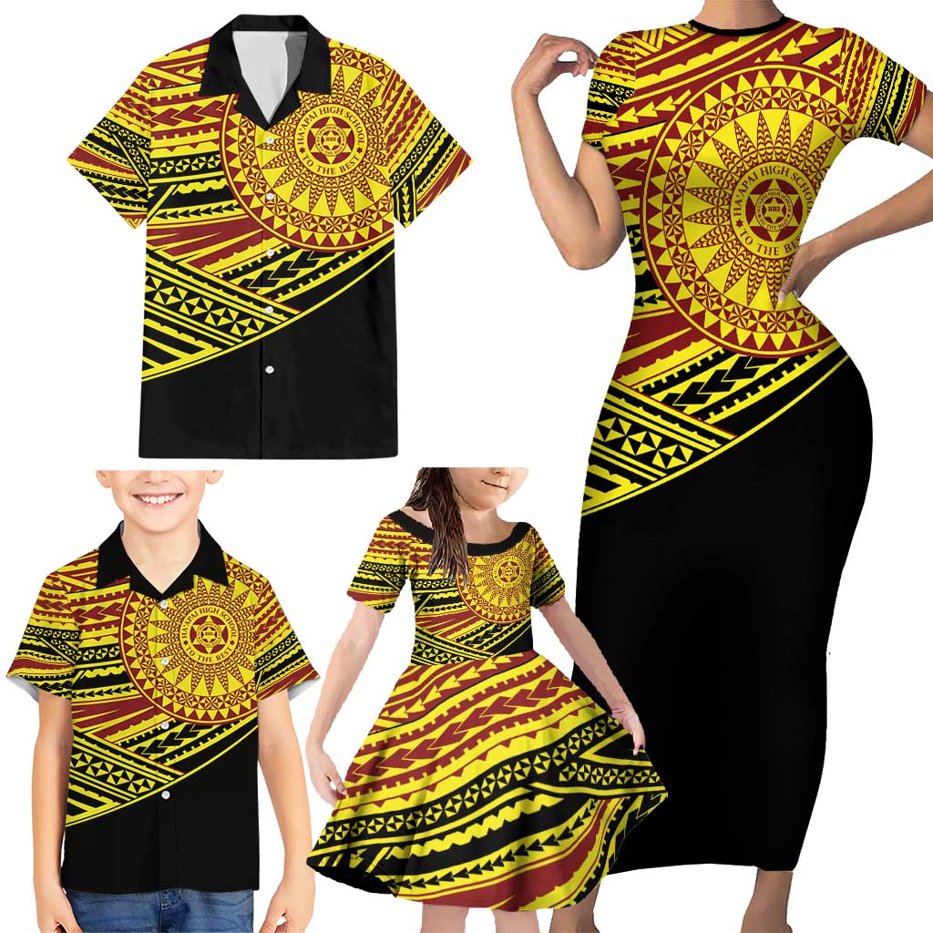 Personalised Tonga Ha apai High School Family Matching Short Sleeve Bodycon Dress and Hawaiian Shirt Ngatu Fonulei Pattern