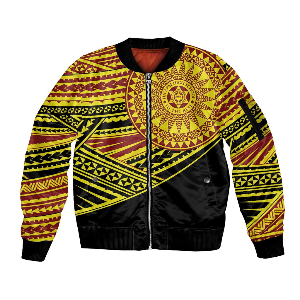 Personalised Tonga Ha apai High School Sleeve Zip Bomber Jacket Ngatu Fonulei Pattern LT9 Unisex Gold - Polynesian Pride