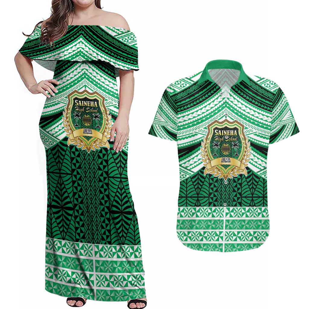 Personalised Tonga Saineha High School Couples Matching Off Shoulder Maxi Dress and Hawaiian Shirt Polynesian Ngatu Tribal LT9 Green - Polynesian Pride