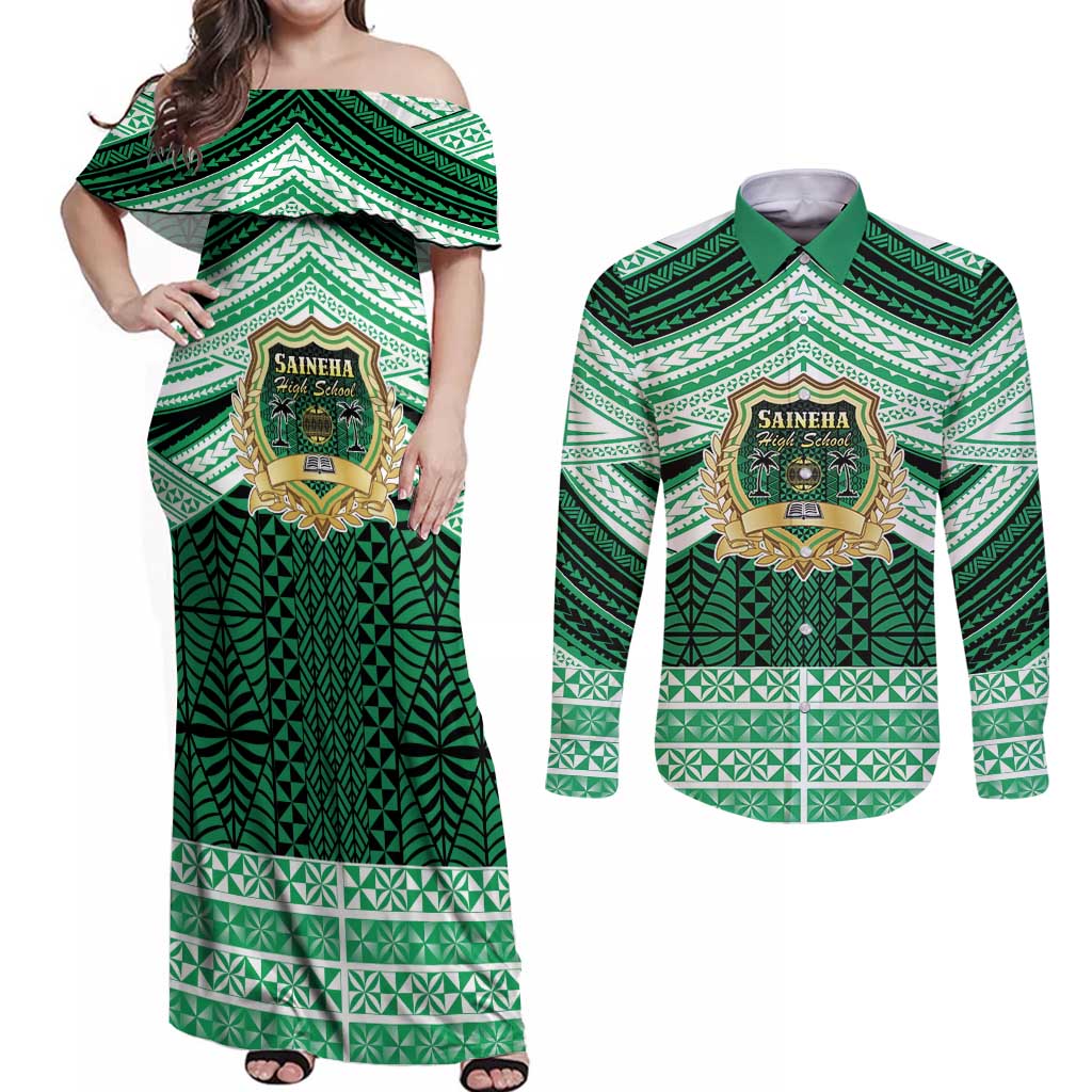 Personalised Tonga Saineha High School Couples Matching Off Shoulder Maxi Dress and Long Sleeve Button Shirt Polynesian Ngatu Tribal LT9 Green - Polynesian Pride