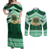 Personalised Tonga Saineha High School Couples Matching Off Shoulder Maxi Dress and Long Sleeve Button Shirt Polynesian Ngatu Tribal LT9 Green - Polynesian Pride