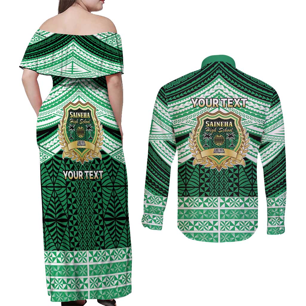 Personalised Tonga Saineha High School Couples Matching Off Shoulder Maxi Dress and Long Sleeve Button Shirt Polynesian Ngatu Tribal LT9 - Polynesian Pride