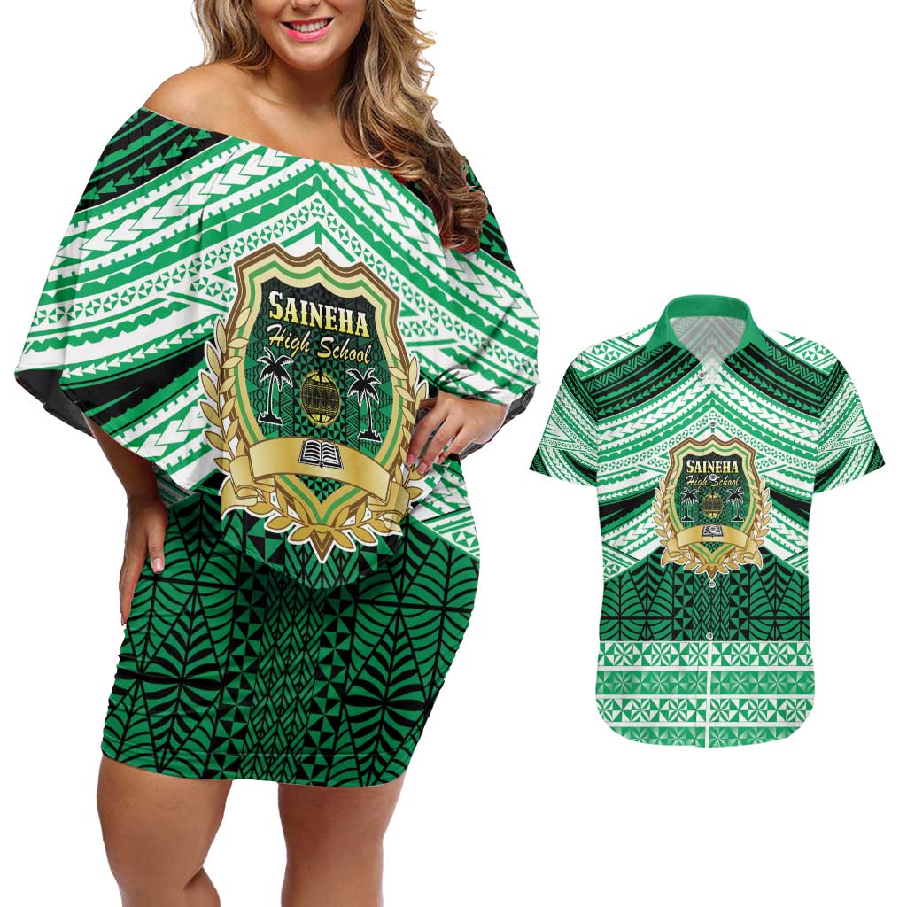 Personalised Tonga Saineha High School Couples Matching Off Shoulder Short Dress and Hawaiian Shirt Polynesian Ngatu Tribal LT9 Green - Polynesian Pride