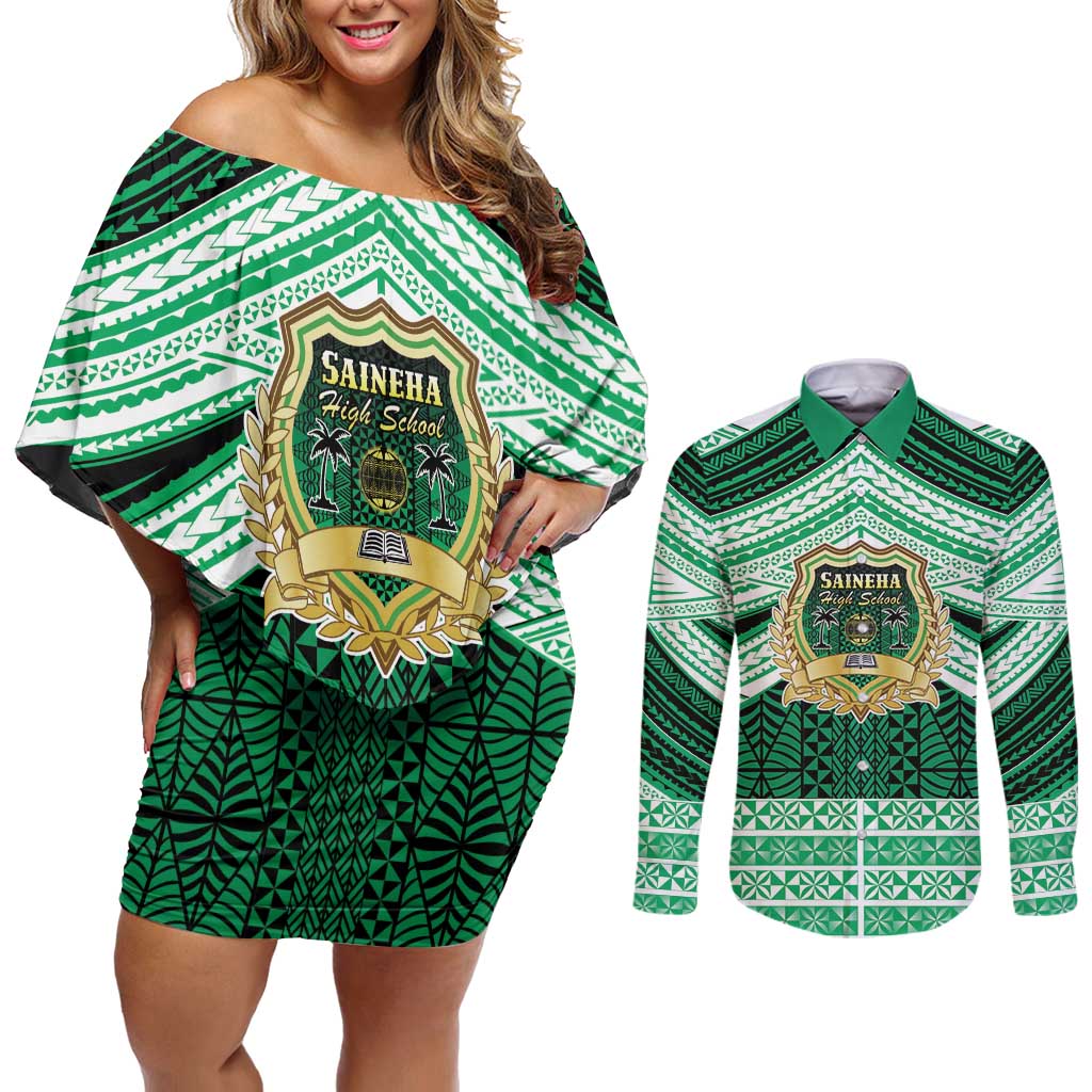 Personalised Tonga Saineha High School Couples Matching Off Shoulder Short Dress and Long Sleeve Button Shirt Polynesian Ngatu Tribal LT9 Green - Polynesian Pride