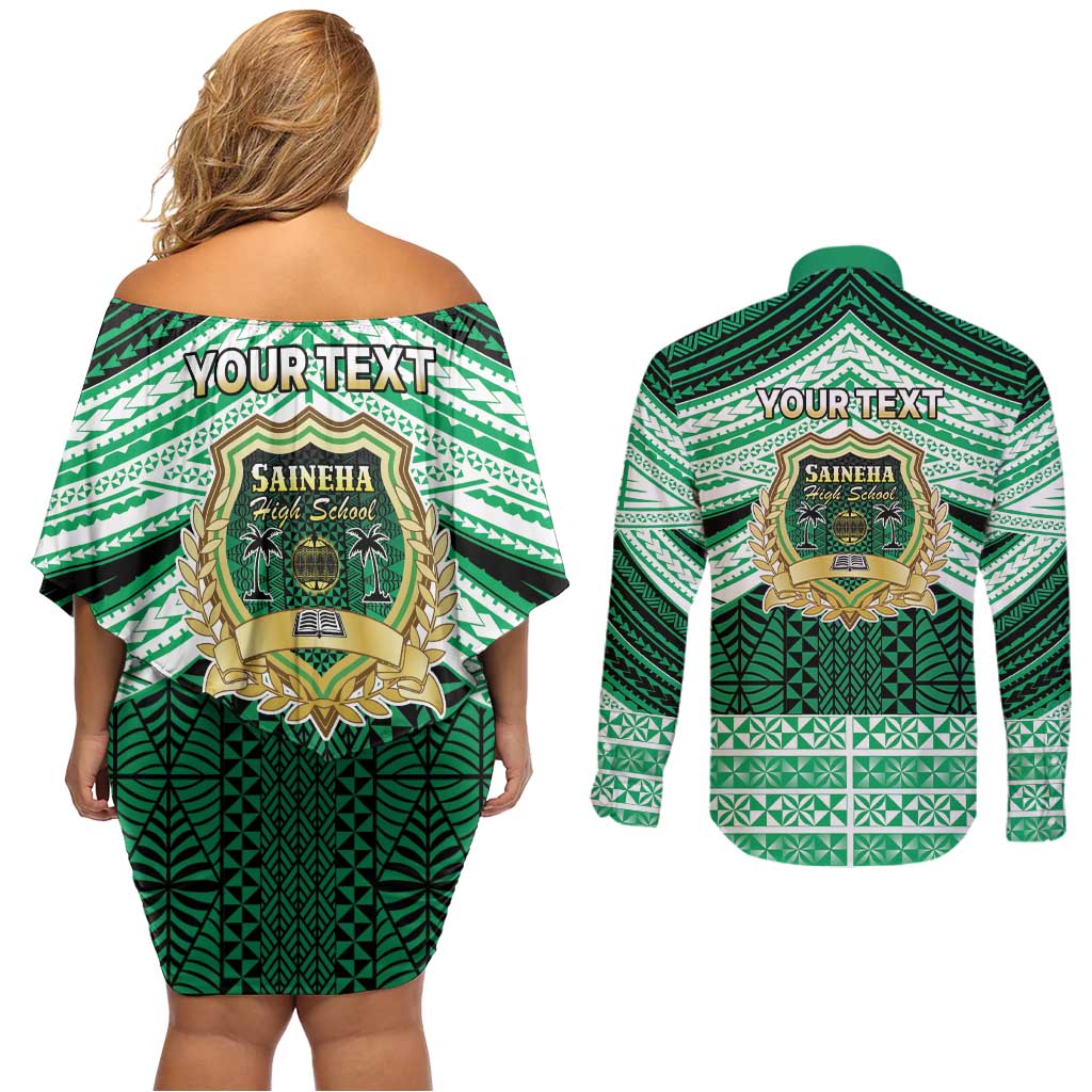 Personalised Tonga Saineha High School Couples Matching Off Shoulder Short Dress and Long Sleeve Button Shirt Polynesian Ngatu Tribal LT9 - Polynesian Pride