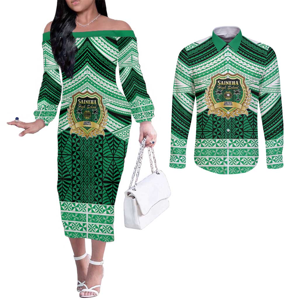 Personalised Tonga Saineha High School Couples Matching Off The Shoulder Long Sleeve Dress and Long Sleeve Button Shirt Polynesian Ngatu Tribal
