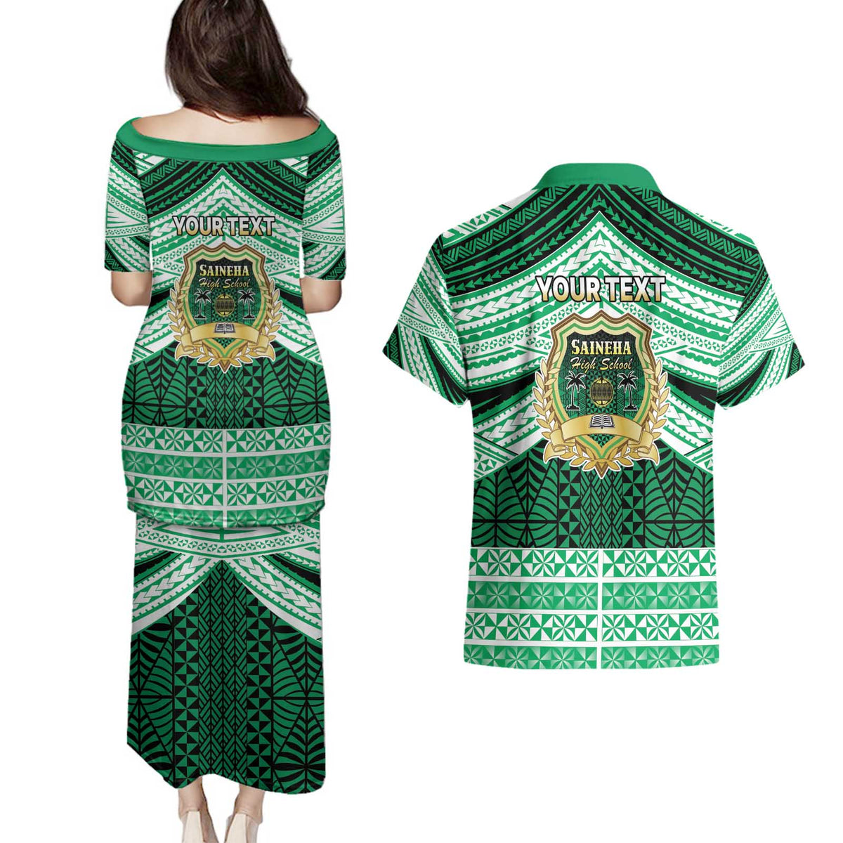 Personalised Tonga Saineha High School Couples Matching Puletasi and Hawaiian Shirt Polynesian Ngatu Tribal LT9 - Polynesian Pride