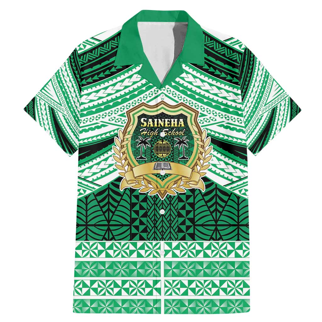 Personalised Tonga Saineha High School Family Matching Mermaid Dress and Hawaiian Shirt Polynesian Ngatu Tribal LT9 Dad's Shirt - Short Sleeve Green - Polynesian Pride