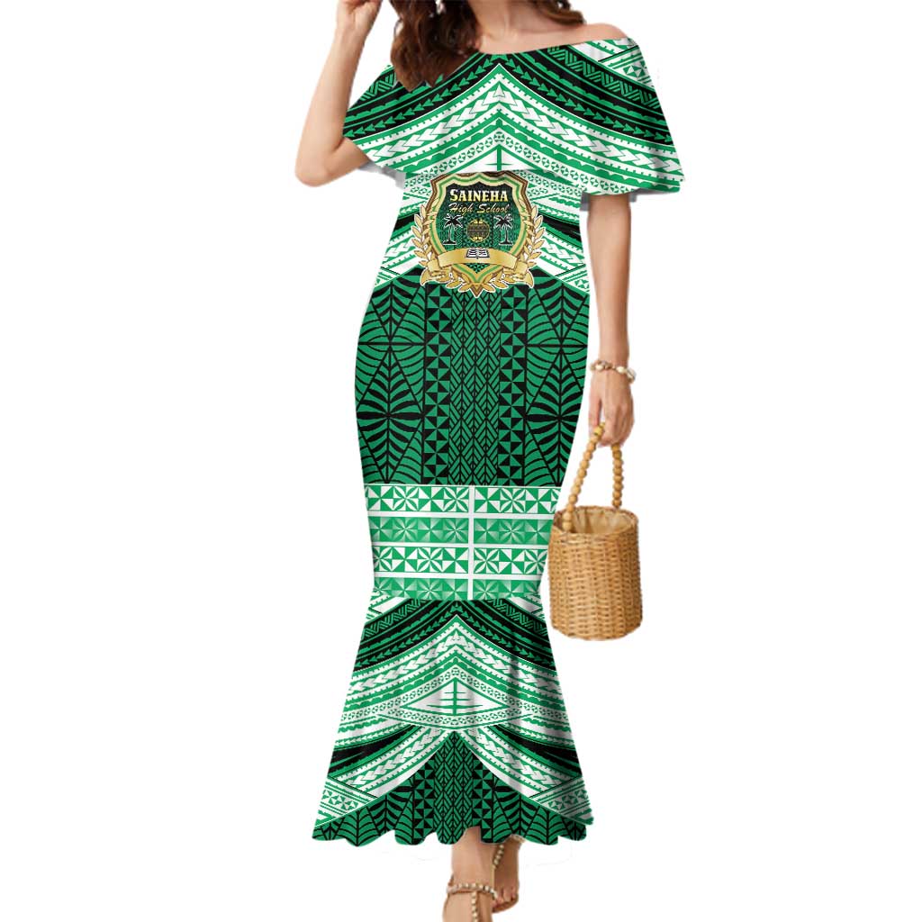 Personalised Tonga Saineha High School Family Matching Mermaid Dress and Hawaiian Shirt Polynesian Ngatu Tribal LT9 Mom's Dress Green - Polynesian Pride