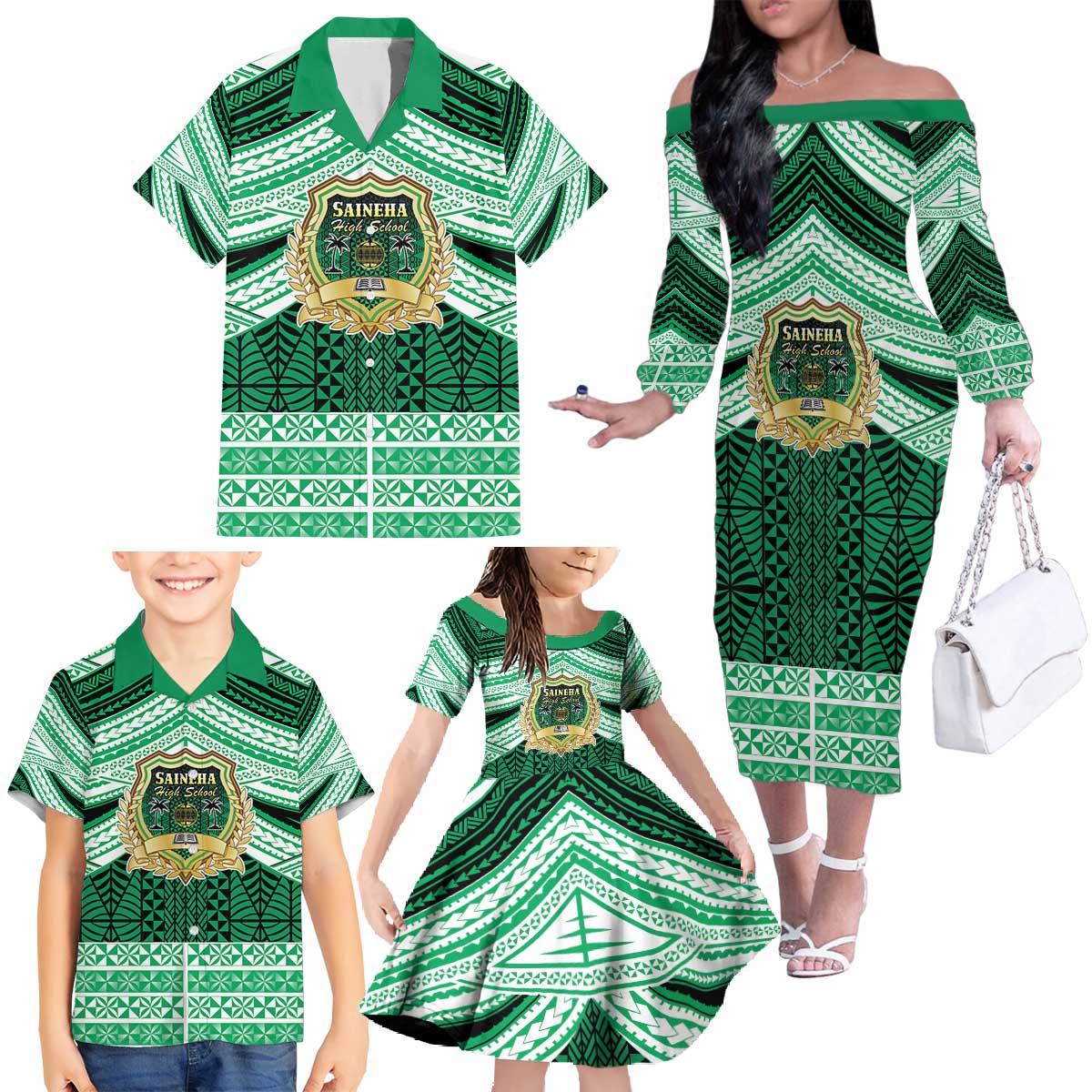 Personalised Tonga Saineha High School Family Matching Off The Shoulder Long Sleeve Dress and Hawaiian Shirt Polynesian Ngatu Tribal