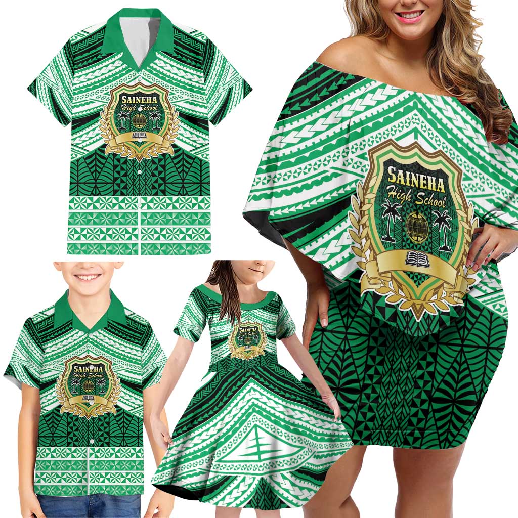 Personalised Tonga Saineha High School Family Matching Off Shoulder Short Dress and Hawaiian Shirt Polynesian Ngatu Tribal