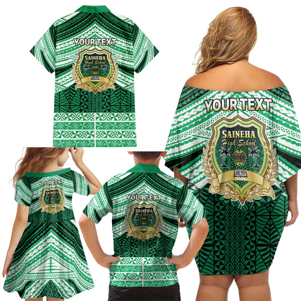 Personalised Tonga Saineha High School Family Matching Off Shoulder Short Dress and Hawaiian Shirt Polynesian Ngatu Tribal LT9 - Polynesian Pride