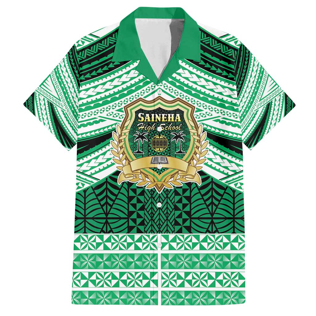 Personalised Tonga Saineha High School Family Matching Puletasi and Hawaiian Shirt Polynesian Ngatu Tribal LT9 Dad's Shirt - Short Sleeve Green - Polynesian Pride