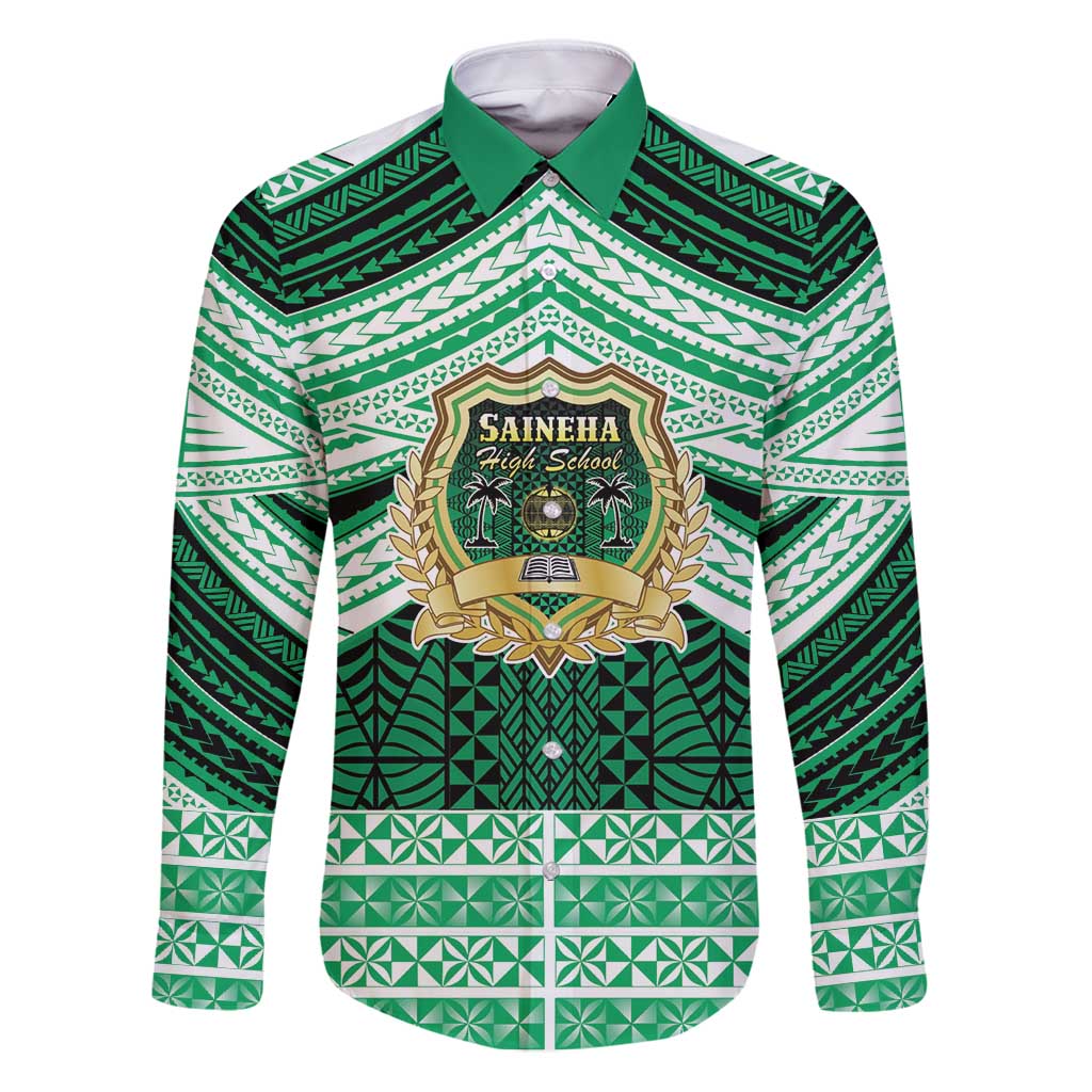 Personalised Tonga Saineha High School Family Matching Puletasi and Hawaiian Shirt Polynesian Ngatu Tribal LT9 Dad's Shirt - Long Sleeve Green - Polynesian Pride