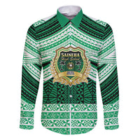Personalised Tonga Saineha High School Family Matching Puletasi and Hawaiian Shirt Polynesian Ngatu Tribal LT9 Dad's Shirt - Long Sleeve Green - Polynesian Pride