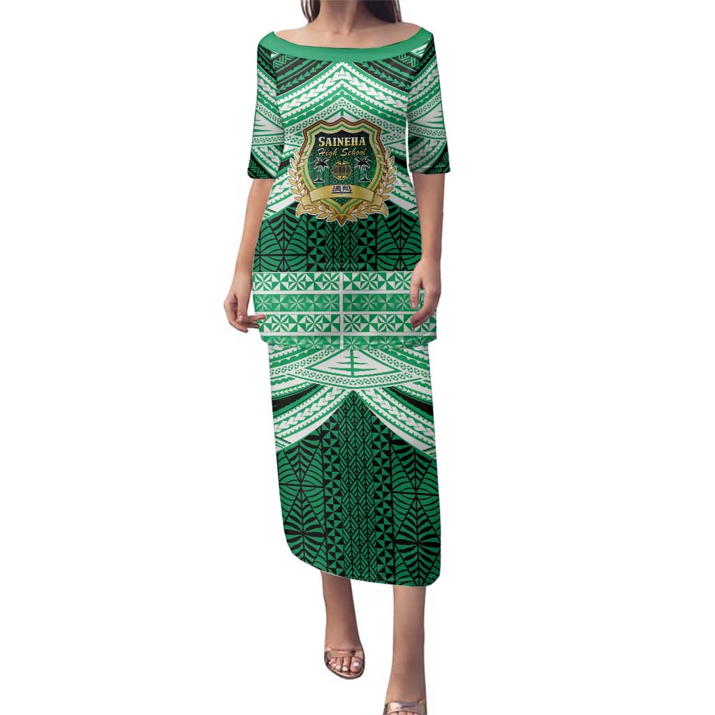 Personalised Tonga Saineha High School Family Matching Puletasi and Hawaiian Shirt Polynesian Ngatu Tribal LT9 Mom's Dress Green - Polynesian Pride
