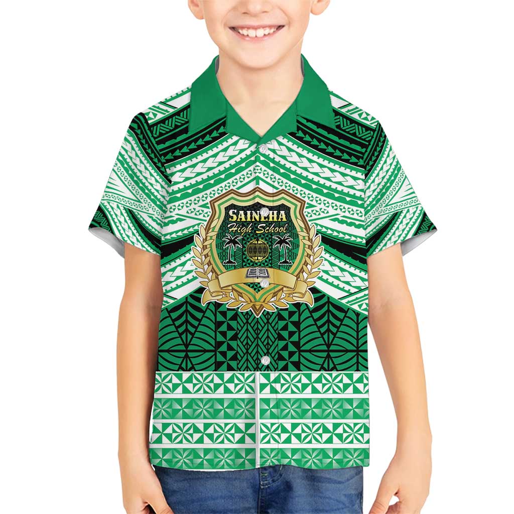 Personalised Tonga Saineha High School Family Matching Puletasi and Hawaiian Shirt Polynesian Ngatu Tribal LT9 Son's Shirt Green - Polynesian Pride