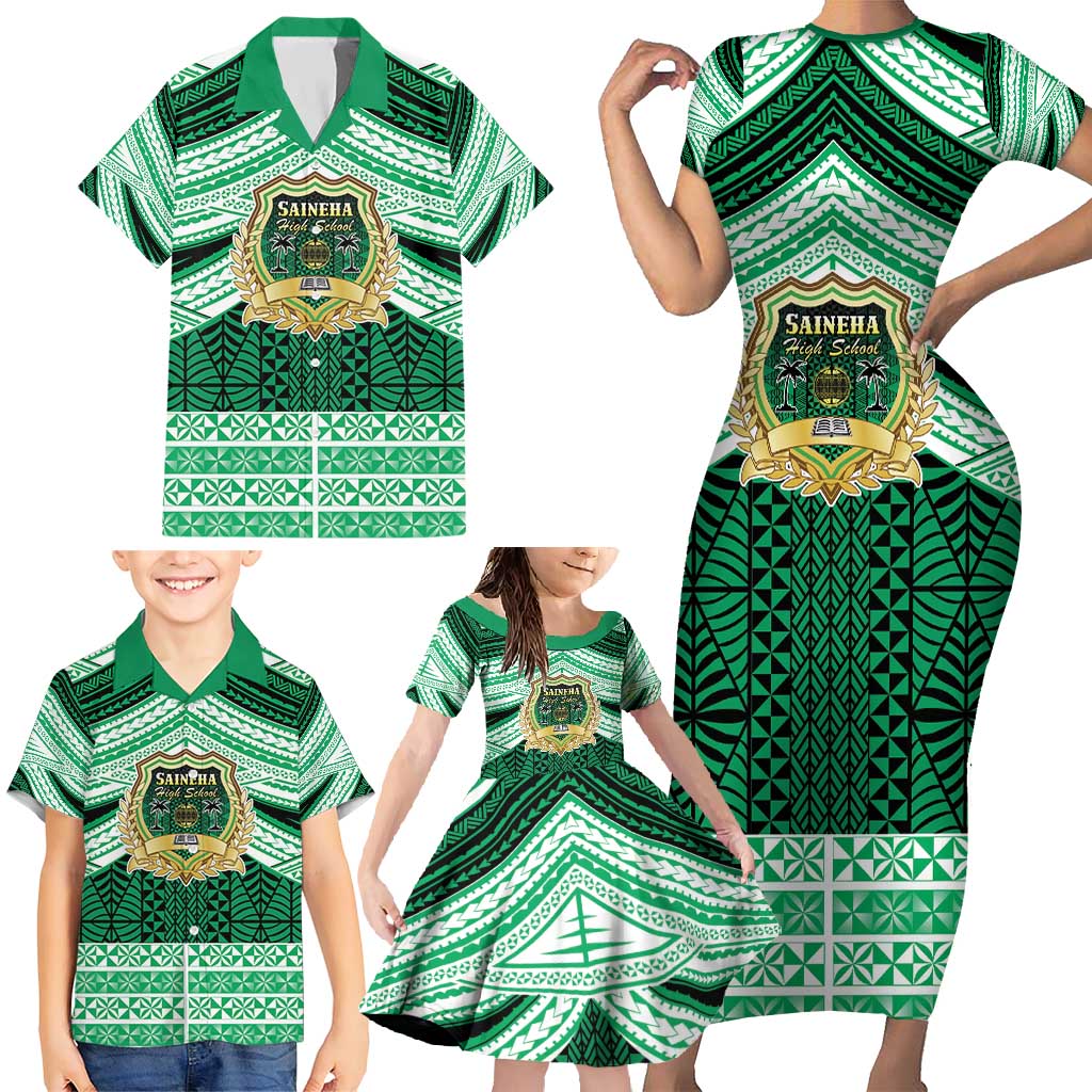 Personalised Tonga Saineha High School Family Matching Short Sleeve Bodycon Dress and Hawaiian Shirt Polynesian Ngatu Tribal