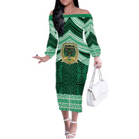 Personalised Tonga Saineha High School Off The Shoulder Long Sleeve Dress Polynesian Ngatu Tribal LT9 Women Green - Polynesian Pride