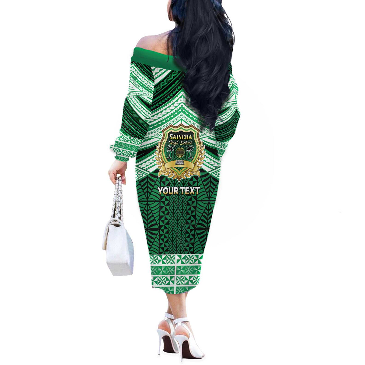 Personalised Tonga Saineha High School Off The Shoulder Long Sleeve Dress Polynesian Ngatu Tribal LT9 - Polynesian Pride