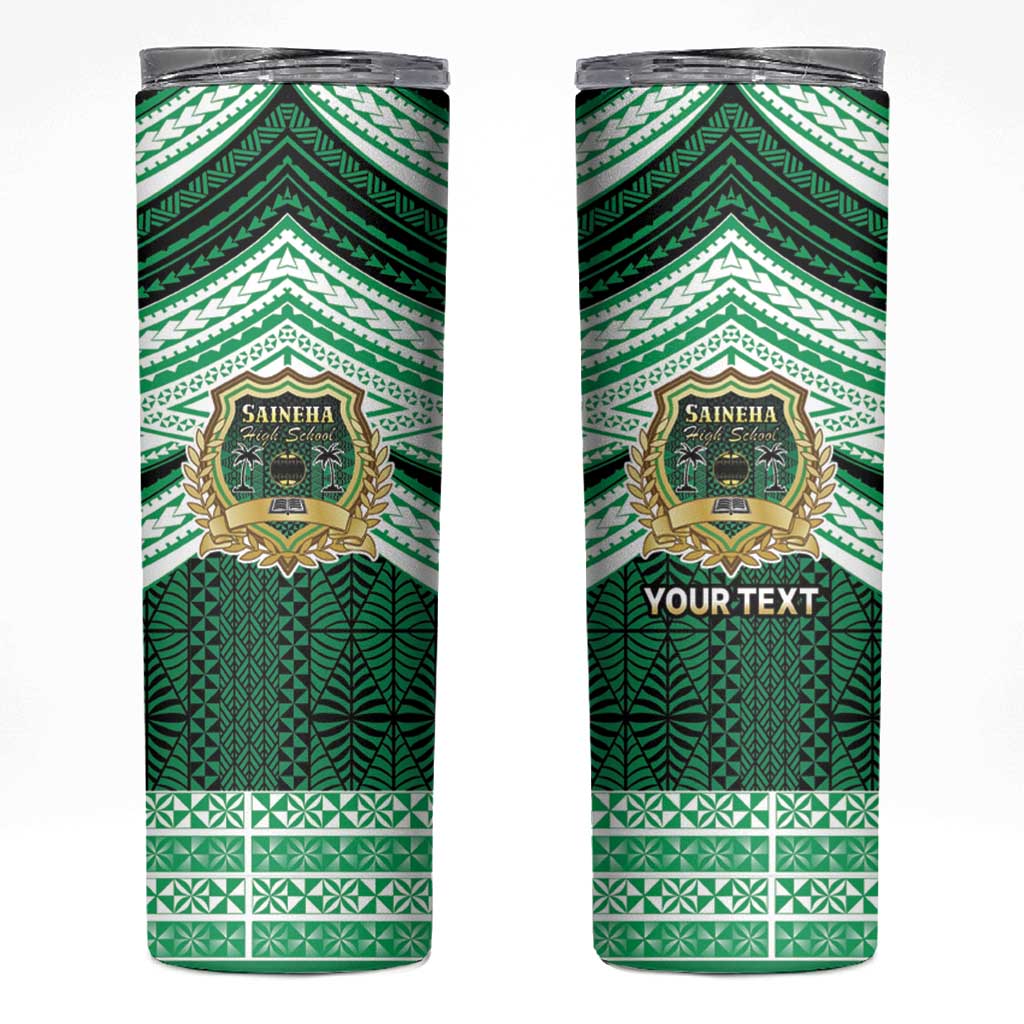 Personalised Tonga Saineha High School Skinny Tumbler Polynesian Ngatu Tribal LT9 Green - Polynesian Pride