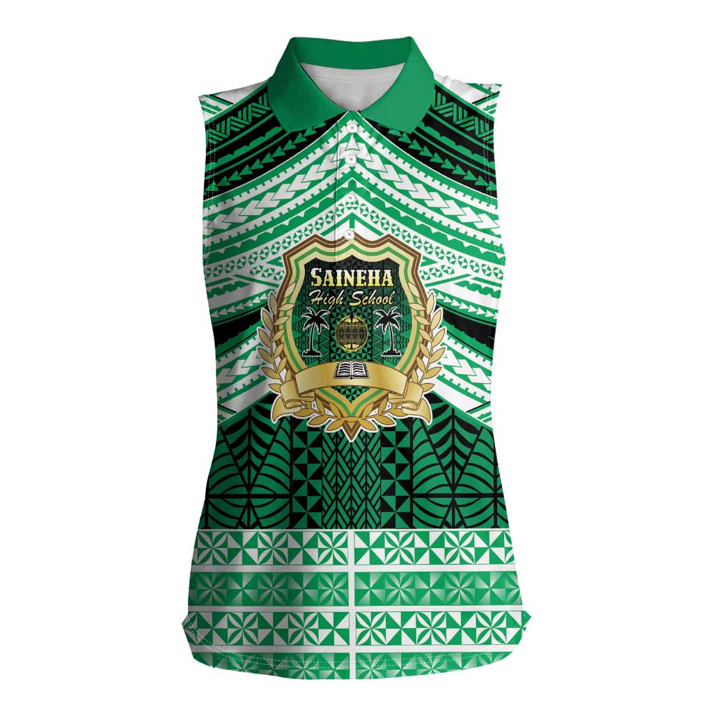 Personalised Tonga Saineha High School Women Sleeveless Polo Shirt Polynesian Ngatu Tribal LT9 Female Green - Polynesian Pride