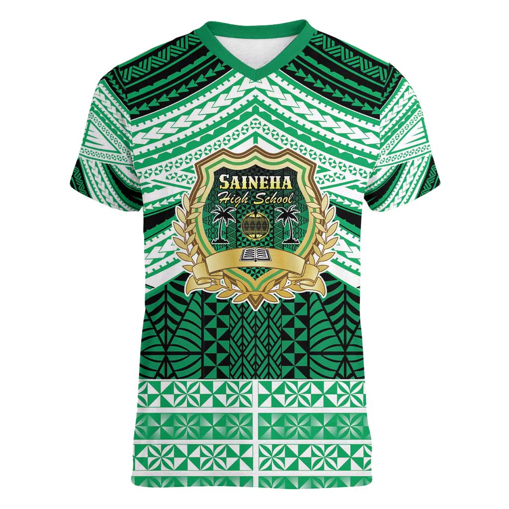Personalised Tonga Saineha High School Women V-Neck T-Shirt Polynesian Ngatu Tribal LT9 Female Green - Polynesian Pride
