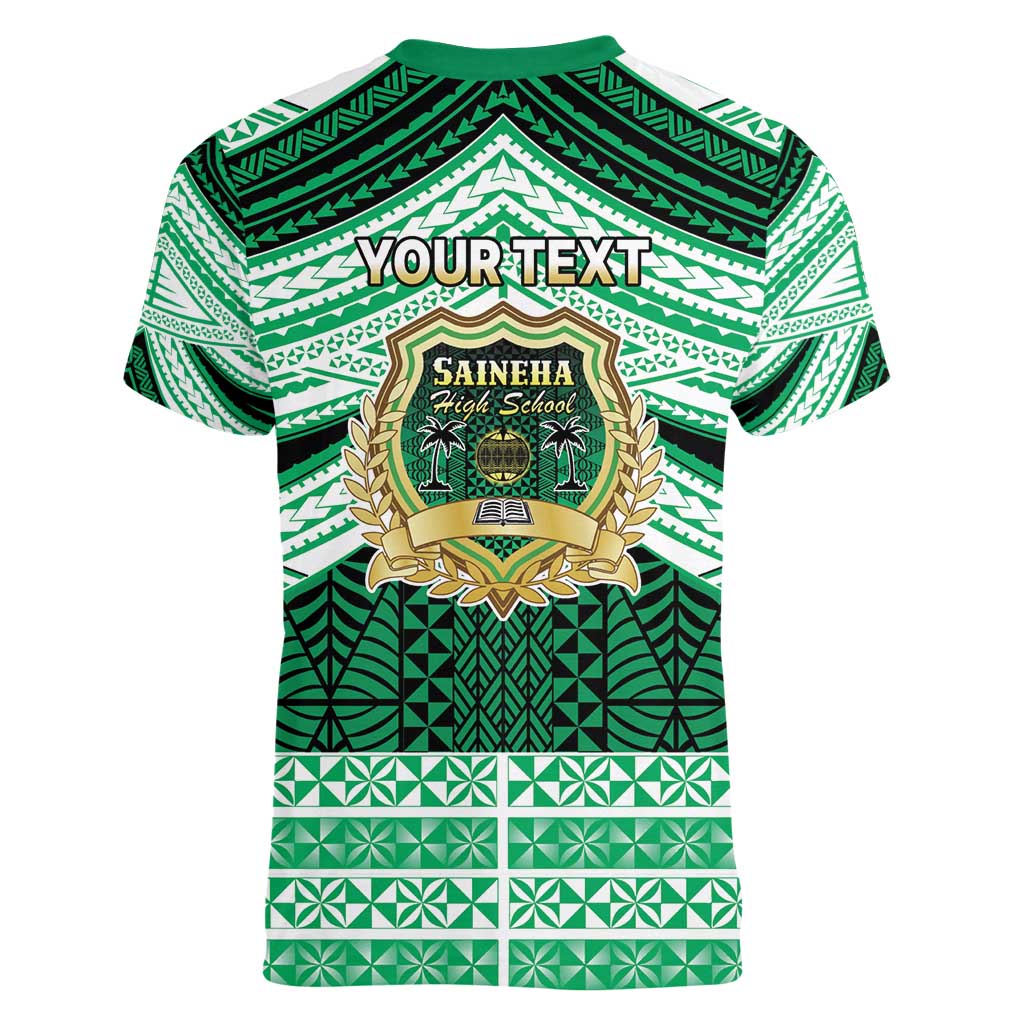 Personalised Tonga Saineha High School Women V-Neck T-Shirt Polynesian Ngatu Tribal LT9 - Polynesian Pride