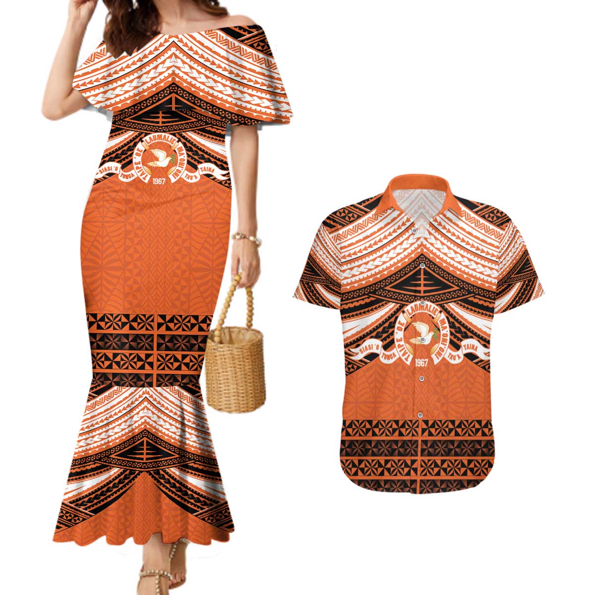 Personalised Tonga Tailulu College Couples Matching Mermaid Dress and Hawaiian Shirt Polynesian Ngatu Tribal