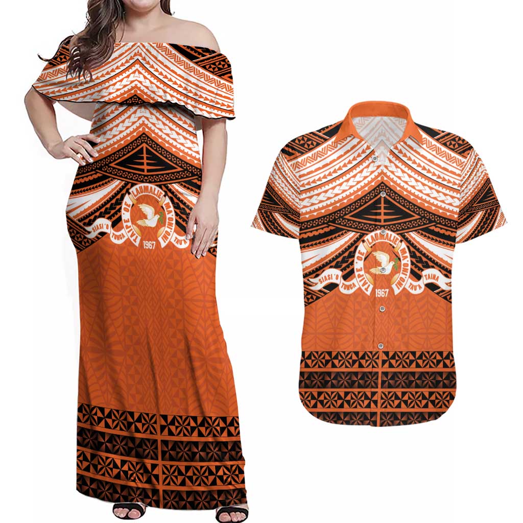 Personalised Tonga Tailulu College Couples Matching Off Shoulder Maxi Dress and Hawaiian Shirt Polynesian Ngatu Tribal LT9 Orange - Polynesian Pride