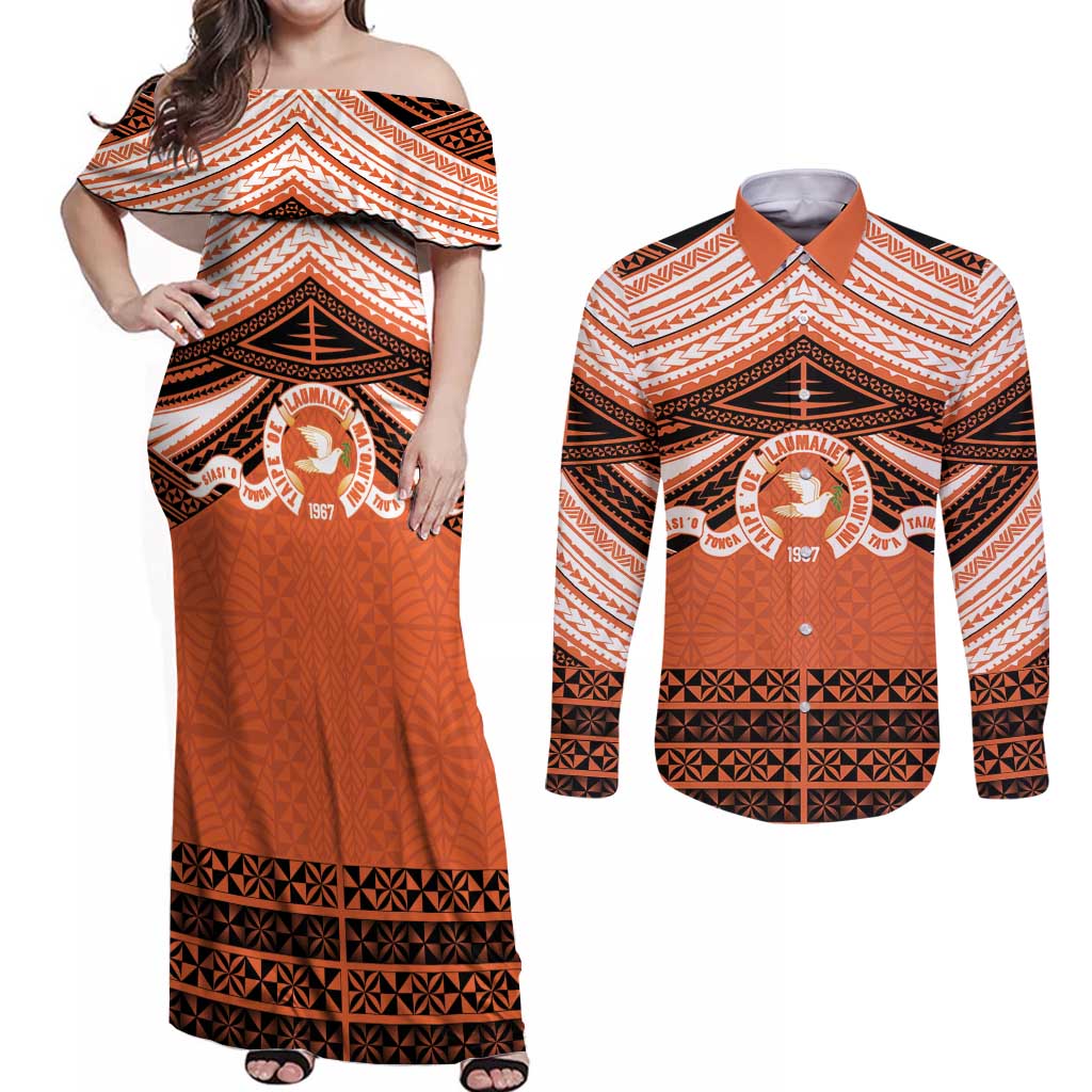 Personalised Tonga Tailulu College Couples Matching Off Shoulder Maxi Dress and Long Sleeve Button Shirt Polynesian Ngatu Tribal LT9 Orange - Polynesian Pride