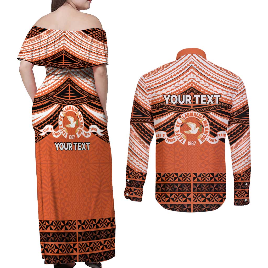 Personalised Tonga Tailulu College Couples Matching Off Shoulder Maxi Dress and Long Sleeve Button Shirt Polynesian Ngatu Tribal LT9 - Polynesian Pride