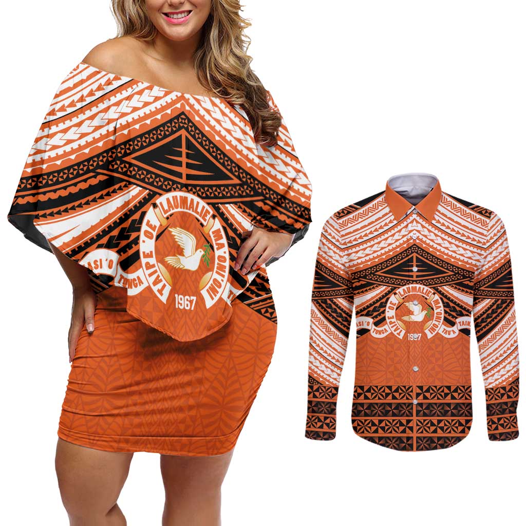 Personalised Tonga Tailulu College Couples Matching Off Shoulder Short Dress and Long Sleeve Button Shirt Polynesian Ngatu Tribal LT9 Orange - Polynesian Pride