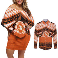Personalised Tonga Tailulu College Couples Matching Off Shoulder Short Dress and Long Sleeve Button Shirt Polynesian Ngatu Tribal LT9 Orange - Polynesian Pride